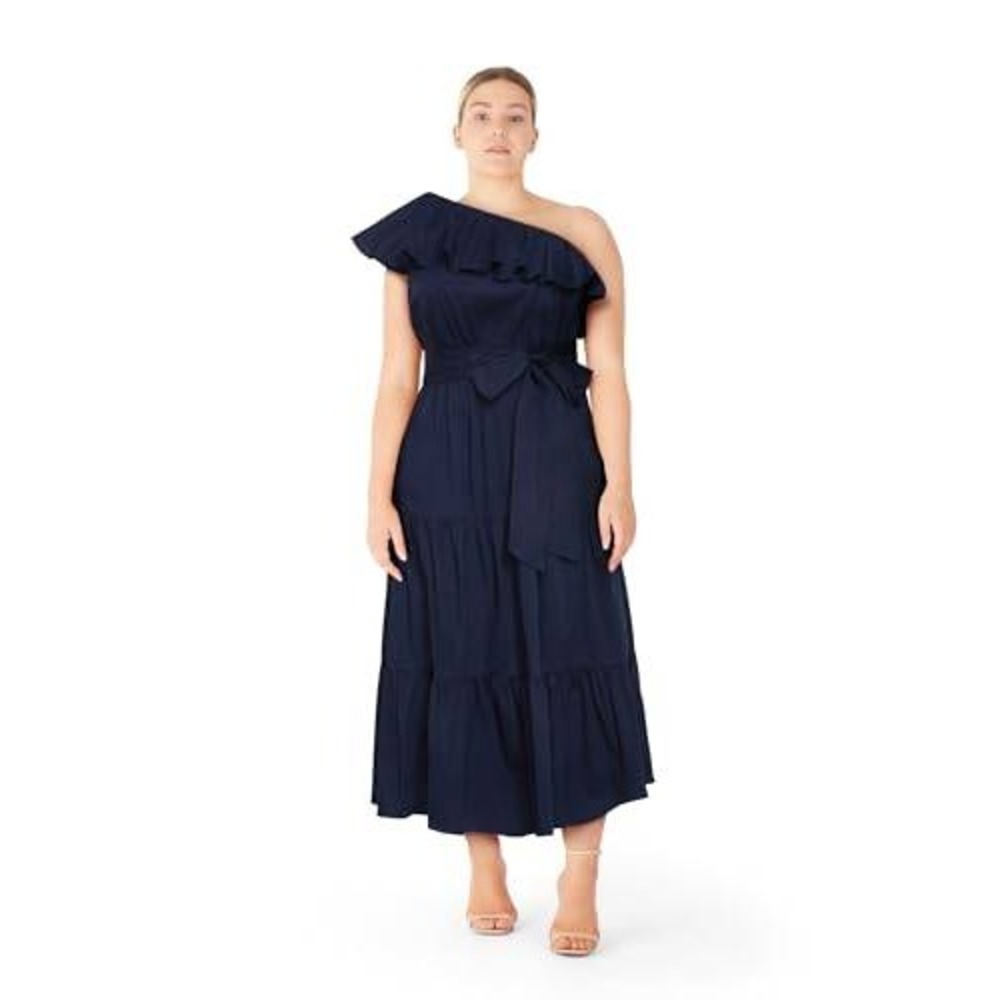 City Chic Dress Kiama Navy Blue Off Shoulder Ruffle Tiered Belted NWT Size L
